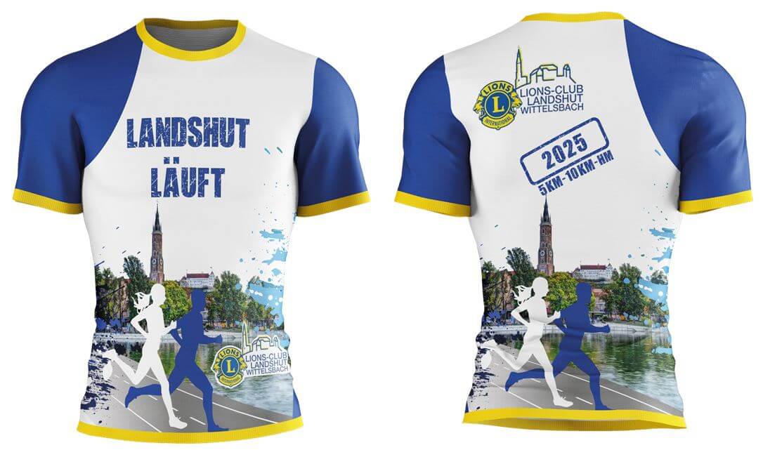 Das Bild zeigt ein kurzärmliges Laufshirt, das als offizielles T-Shirt für die Laufveranstaltung &quot;Landshut läuft 2025&quot; gestaltet wurde.