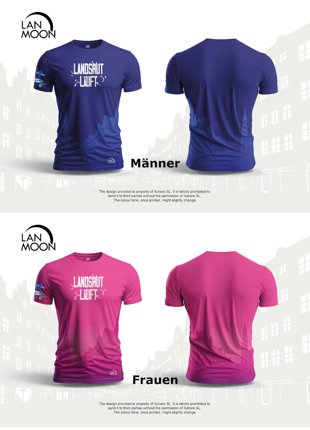 Das Bild zeigt ein kurzärmliges Laufshirt, das als offizielles T-Shirt für die Laufveranstaltung &quot;Landshut läuft&quot; gestaltet wurde.